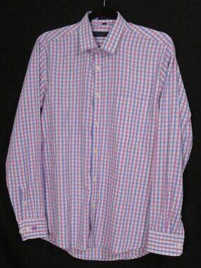 ACROPOLIS Easy Care Men's Check Dress Shirt Pink Blue White - Size 39